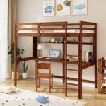 Giantex Twin Loft Bed with Desk and Bookshelf, Solid Wood Loft Bed Frame with Full Length Safety Guardrail & Ladder, Space-Saving Loft Bed for Kids Teens, No Box Spring Needed, Walnut