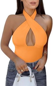 REORIA Women's Sexy Criss Cross Halter Neck Sleeveless Party Club Night Going Out Thong Bodysuits Tops Orange Small