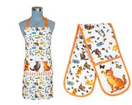 Set of 2 Cooking Kitchen Chef Apron and Double Oven Glove Kitchen Gift Idea for Cooks Bakers Birthday Gift Christmas New Home Gift Bistro BBQ (Cats in the Kitchen Apron and Double Oven gloves set)