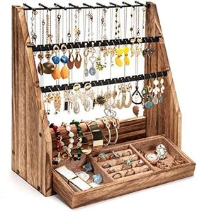 DGWJSU Earring Organizer, 5 Layer Earring Holder Organizer with Necklace Holder, Rustic Wood Jewelry Organizer Stand Display for Stud Earring Bracelet Necklace Ring, Watches