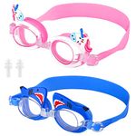 Foaincore 2 Pairs Kids Toddler Swim Goggles Anti Fog UV Swimming Goggles with Ear Plugs for Girls Boys Age 3-9 (Shark, Unicorn)