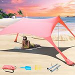 CUUPO 7×7 FT Beach Tent Sun Shelter UPF50+ UV Protection, Outdoor Canopy Tent Sun Shade with 2 Poles for Camping, Beach, Fishing, Backyard and Picnics with Sandproof Beach Blanket Red