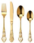 SHEUMNT Retro Gold Silverware Set for 6, Gorgeous 24 Pieces Stainless Steel Golded Flatware Set, Service for 6, Utensil Set Fork Spoon Knife, Antique Baroque Cutlery Set