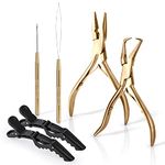 EHDIS Hair Extensions Tools Kit, 2 Stainless Steel Pliers for Hair Apply&Remove Micro Ring Loop, 2 Loop Needle Threader Pulling Hook, 2 Clip, Multi Functional Hair Extension Tool, Gold