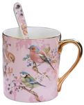 YBK Tech Bone China Porcelain Tea Cup, 12oz Coffee Mug for Home Kitchen Office - Birds Pattern (Pink)