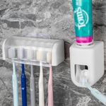 LUEXBOX 5 Slots Wall Mount Toothbrush Holder with Cover, Self Adhesive Toothbrush Storage Organizer for Shower, Toothbrush Hanger with Automatic Toothpaste Squeezer Dispenser…