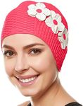 Beemo Latex Swimming Cap for Women, Swim Cap for Long Hair or Short Hair, Bath & Swim Caps to Shield Hair from Damage, Use as Large Shower Cap, Pink Swimming Cap with White Flowers