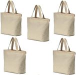 Canvas Tote Bag 15.5"H X13" W X 3" Bottom Gusset,Heavy Natural Tote Shopping Bag,Washable Grocery Tote Bag, Grocery Shopping Shoulder Bags,DIY Craft Canvas Bag,Paint, Decoration for People-5 Pieces