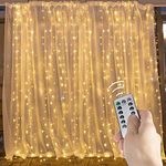 Curtain Lights, Brightown 600 Led Window String Lights with Remote, 8 Lighting Modes, Timer, 20 Ft. Hanging Twinkle Light for Bedroom Wedding Party Outdoor Indoor Backdrop Wall Decorations, Warm White