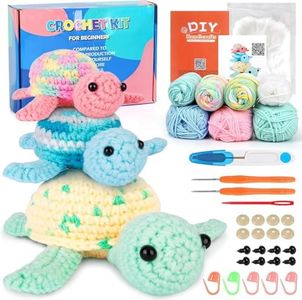 Crochet Kit for Beginners, Beginner Crochet Kit for Adults with Step-by-Step Video Tutorials, DIY Crochet Animal Kits Knitting Supplies, 3 Pack Turtle (40%+ Yarn)