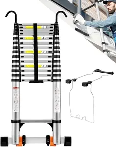Wolec Telescoping Ladder&Ladder Stabilizer, 19 FT Aluminum Portable Extension Ladder w/Hooks, Stabilizers& Wheels, Heavy Duty 330lbs Max Capacity -Silver