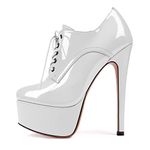 SAMMITOP Women's Round Toe Lace Up Ankle Boots Platform High Heel Pumps Party Dress Shoes, White Patent, 5.5