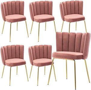 DM Furniture Barrel Dining Room Chairs Set of 6 Modern Velvet Accent Chairs Upholstered Side Chairs with Gold Metal Legs for Home Kitchen/Living Room/Restaurant, Pink