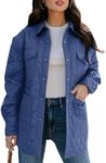 EVALESS Diamond Quilted Jackets for Women Lightweight Collar Long Sleeve Button Down Puffer Jacket Fall Outfits 2024 Coat Outerwear with Pockets Blue Medium