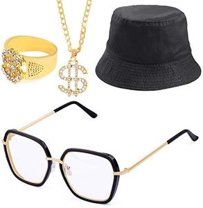 Beelittle 80s/90s Hip Hop Costume Kit Cool Rapper Outfits,Bucket Hat Sunglasses Gold Plated Chain (R)