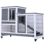 Wooden Double Decker Indoor Rabbit Hutch on Wheels | Gray 2 Tier Guinea Pig Hutch with Slide Out Trays 43.31 x 19.69 x 36.64 In | 110 x 50 x 88 cm (W x D x H)