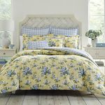 Laura Ashley Home - Queen Comforter Set, Cotton Reversible Bedding, Includes Matching Shams with Bonus Euro Shams & Throw Pillows (Cassidy Yellow, Queen)