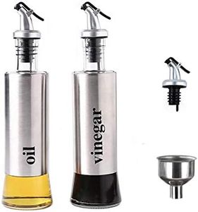 MHTECH Olive Oil and Vinegar Dispenser Bottle Set, Stainless Steel Transparent Glass Oil Bottle with Funnel，Set of 2 (Silver -300ml)