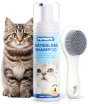 Waterless Cat Shampoo with Cat Brush - No Rinse Foam Dry Shampoo | Deep Cleansing Relieves Itchy Skin & Shedding | Gentle, pH-Balanced for Kittens Sensitive Skin | Specifically for Cat Bath | 7 oz