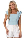 Allegra K Summer Gingham Tops for Women's Square Neck Ruffle Cap Sleeve Blouses Lake Blue S