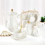 DUJUST 22 pcs White Porcelain Tea Set for 6, Luxury British Style Tea/Coffee Cup Set with Golden Trim, Beautiful Tea Set for Women, Tea Party Set, Gift Package (Including a Stand) - White