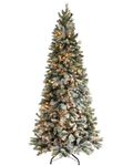 WeRChristmas 7 ft Slim Snow Flocked Spruce Pre-Lit Multi-Function Christmas Tree with 400 Warm White LED Lights/ 8 Setting Controller/ Easy Build Hinged Branches