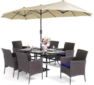 PHI VILLA 7 Piece Outdoor Dining Set with Umbrella, 60” Rectangular Metal Dining Table & 6 Cushioned Rattan Wicker Chairs & 13ft Large Beige Umbrella for Patio, Deck, Yard, Porch