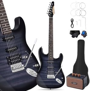 Leo Jaymz 39" Full Size ST Style Electric Guitar Starter Kit with SSH Pickup, 5W Portable Amp, Tuner, Gig Bag, Strap & Accessories(Black Flame 5W)