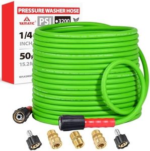 YAMATIC Super Flexible Pressure Washer Hose 50FT for Power Washer Replacement, Kink Resistant Extension With Leak-Free M22 Female & 3/8" Quick Connect Adapters, 1/4" 3200 PSI, Green