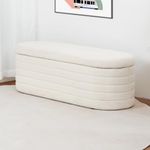 Hanstore Ottoman Storage Box, Teddy Upholstered Fabric Large Storage Bench End of Bed Stool with Safety Hinge Footstool for Bedroom, Living Room, Entryway - Oval