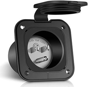 WELLUCK 15 Amp Flanged Inlet 125V, NEMA 5-15 RV Shore Power Inlet Plug w/Waterproof and Back Cover, 2 Pole 3-Wire AC Port Plug, Generator Male Receptacle for Marine Boat RV Shed Electrical Extension