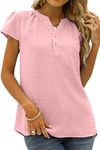 isermeo Womens Jacquard Pom Cap Sleeve Shirts Button Down V Neck Work Chiffon Blouses Top Pink-L