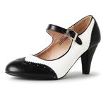 J. Adams Mary Jane Oxford Pumps - Cute Low Kitten Heels - Retro Round Toe Shoe with Ankle Strap - Kym, Black and White Vegan Leather, 7