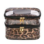 Large Capacity Travel Cosmetic Bag, Double Layer Makeup Bag Portable Toiletry Bag with Compartment Make up Bag for Women Girls (Leopard)