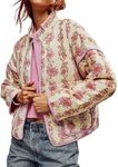 Arssm Women Floral Quilted Puffer Jacket Cropped Lightweight Patchwork Vintage Padded Short Coat Outerwear, Purple, X-Small