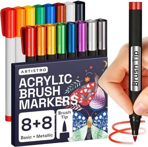 Acrylic Paint Pens Brush Tip, 8 Metallic & 8 Basic Colors Acrylic Paint Markers. Calligraphy Brush Set for Rock Painting, Scrapbooking, Sumi Brush, Lettering, Card Making, Sketching, Black Paper, DIY