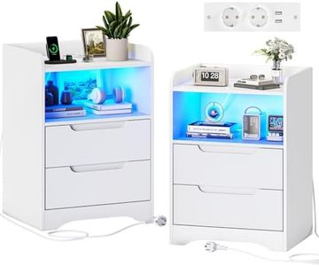 Juego de 2 Mesitas de Noche Blancas con Iluminación LED Mesillas de Noche Dormitorio Mesa de Noche con Estación de Carga, 2 Puertos USB, Mesa Auxiliar con 1 compartimento abierto 2 cajones 35x40x58 cm