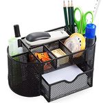 Mesh Desk Organizer Desktop Office Supplies Multi-functional Caddy Pen Holder Stationery with 8 Compartments and 1 Drawer for Office, Home, School, Classroom (Black)