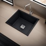 REMANENCE Granite Quartz Single Bowl Kitchen Sink With Drain Board, Drain Rack and PVC Waste Pipe-Flushmount/Undermount/Top Mounted Kitchen Sink (Black, 21 x 18 x 9 Inches)