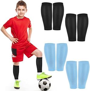 Tarpop 4 Pairs Kids Football Compression Leg Sleeves Non Slip Compression Sleeve UV Protection Calf and Shin Supports for Boy Girl Youth Basketball Baseball Running Sport, Black and Blue