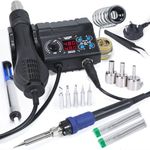 WEP 882D Soldering Iron Station 2-in-1 SMD Hot Air Soldering Station with 2 Spools of Solder Wire, 5 Soldering Tips, 3 Hot Air Nozzles, Brass Wool Tip Cleaner, Tweezers, Desoldering Pump (UK Plug)