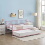 GarveeHome Twin Daybed with Trundle Bed Twin, Metal Sofa Bed Frame with Steel Slat Support for Living Room, Bedroom and Guest Room, Pink