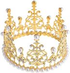 JORCEDI Women Girls Retro Man-made Pearl Crown Bride Tiara Cake Topper Decoration for Women Lady Girl Bridal King Princess Costume Party Birthday Wedding Pageant Gold