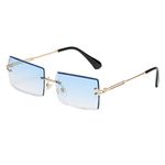 YUELUQU Retro Rimless Rectangle Sunglasses for Women Men Transparent Glasses Y2K Vintage Eyewear (Gold blue)