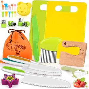 Kids Safe Knife Set-30 Pieces Montessori Kitchen Tools for Toddlers -Cooking Sets,Toddler Knife for Real Cooking with Kids Cutting Board/Peeler/Fruit Cutters Shapes/Storage Bag