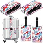 4 Pack Luggage Suitcase Straps Set Tie Dye Adjustable Suitcase Belts with Quick Release Buckle Colorful Luggage Tags Travel Suitcase Tags with Name ID Card for Travel Bag Suitcase, Stamp Pattern