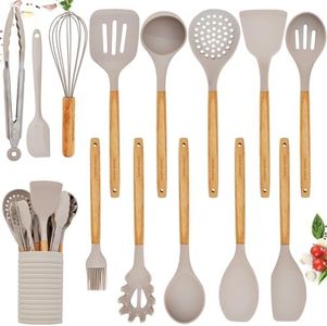 Home Hero Silicone Kitchen Utensils Set with Wooden Handle - Non-Stick Silicone Cooking Utensils Set - BPA Free Silicone Spatula Set - Heat Resistant Wooden Kitchen Utensil Set (14 Pcs - Stone)