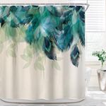 Riyidecor Watercolor Peacock Feather Shower Curtain Teal Blue Turquoise Floral Green Leaf Bathroom Home Decor Set Panel Fabric Woman Waterproof Bathtub 72x72 Inch Included 12 Pack Plastic Shower Hook