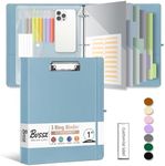 1 Inch 3 Ring Leather Binder Organizer, BVSSX Three Ring Binders with Clipboard, Plastic Folder, 5-Tabs Pocket Dividers with Sticker Labels, Pen Loop, Elastic Strap (Blue, Letter Size)