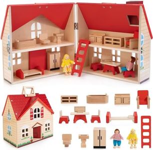 Foldable Wooden Dollhouse with 13pcs Furniture, 4 Rooms and 2 Flexible Dolls, Pretend Play House Set with Portable Handle, Christmas Birthday Gift for Boys Girls Kids Age 3+